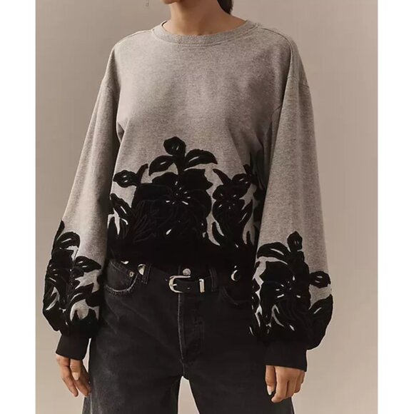 Anthropologie Tops - Anthropologie Velvet Embroidered Floral Applique Sweatshirt Top Grey S